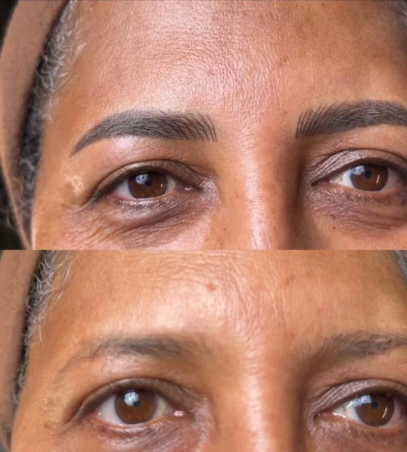 Machine brow result on mature skin at Frenkel PMU House in Leander, Texas